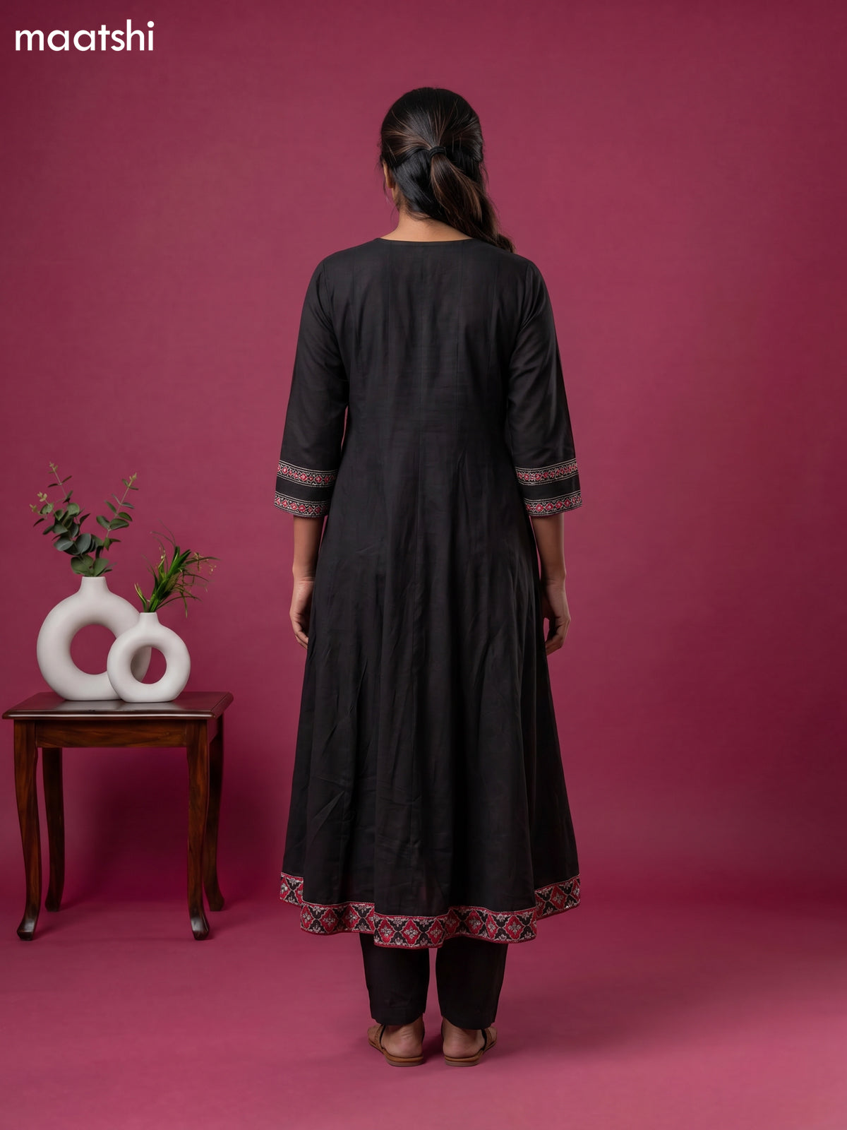 Black Cotton Printed & Simple Embroidery Work Anarkali Suit