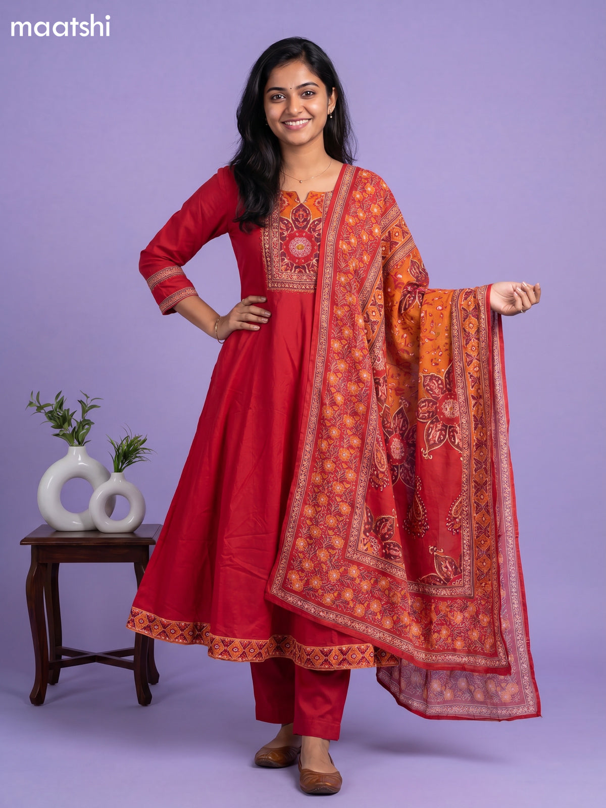 Red Cotton Printed & Simple Embroidery Work Anarkali Suit