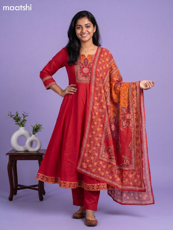 Red Cotton Printed & Simple Embroidery Work Anarkali Suit