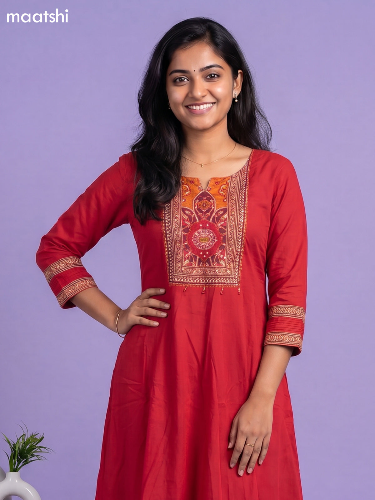 Red Cotton Printed & Simple Embroidery Work Anarkali Suit