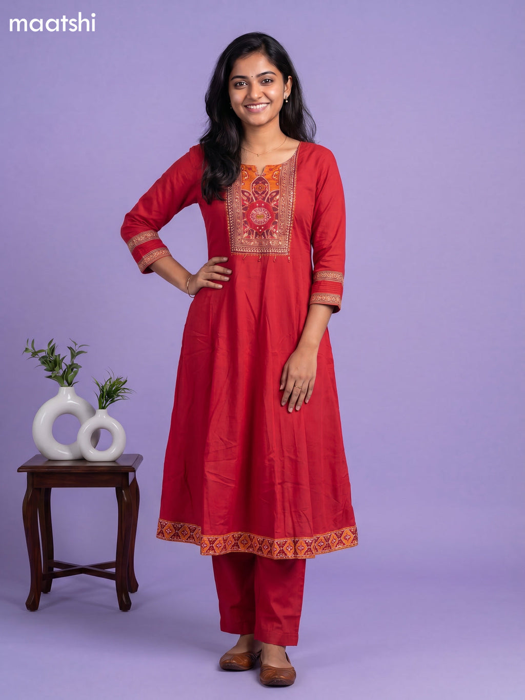 Red Cotton Printed & Simple Embroidery Work Anarkali Suit