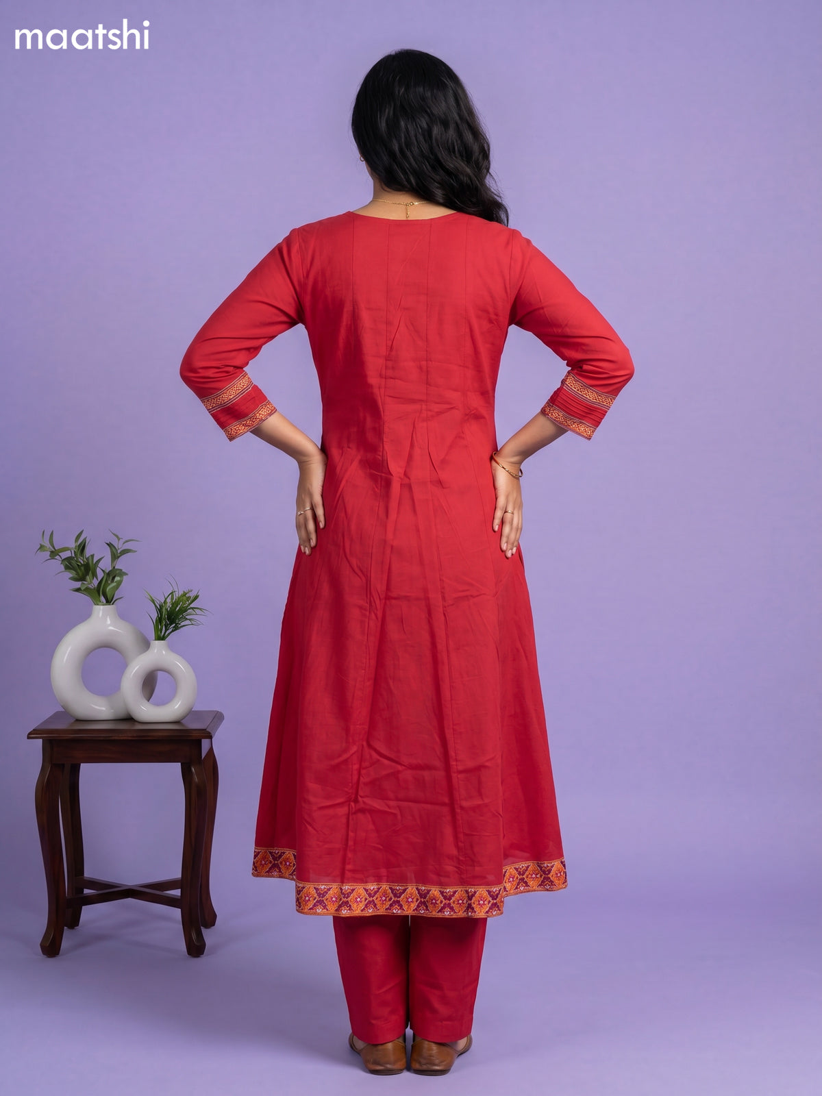 Red Cotton Printed & Simple Embroidery Work Anarkali Suit