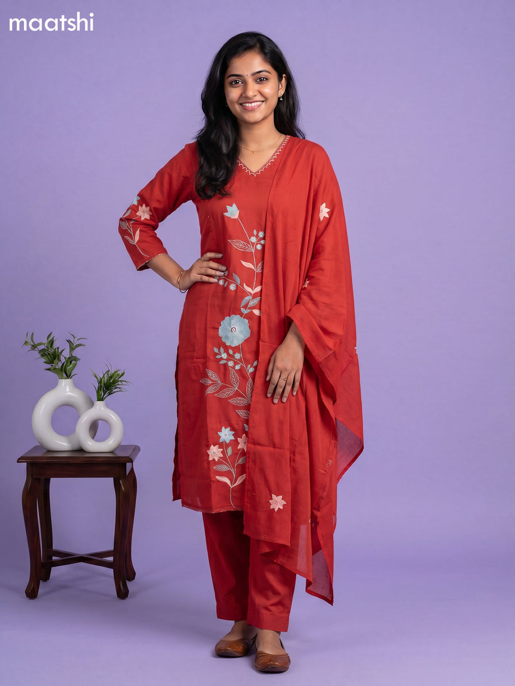 Rust Cotton Simple Embroidery Work Straight Suit