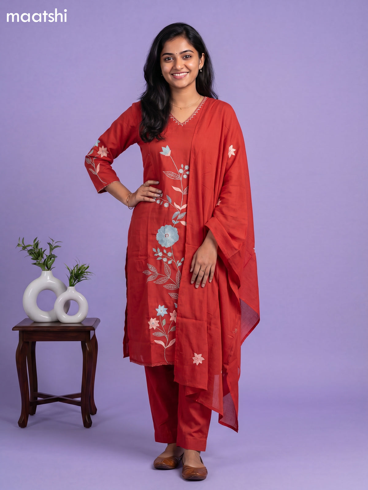 Rust Cotton Simple Embroidery Work Straight Suit