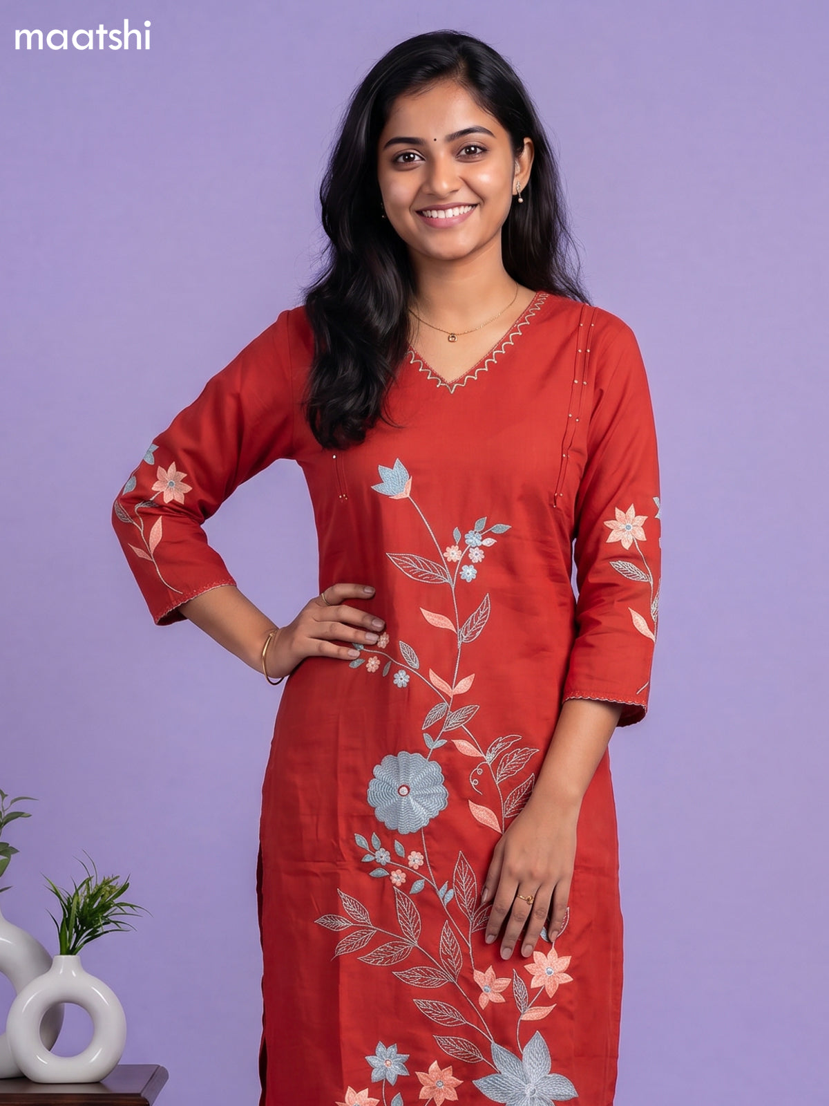 Rust Cotton Simple Embroidery Work Straight Suit