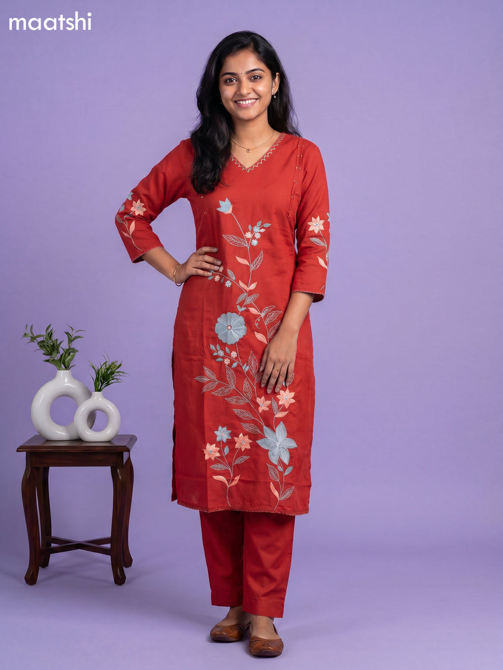 Rust Cotton Simple Embroidery Work Straight Suit