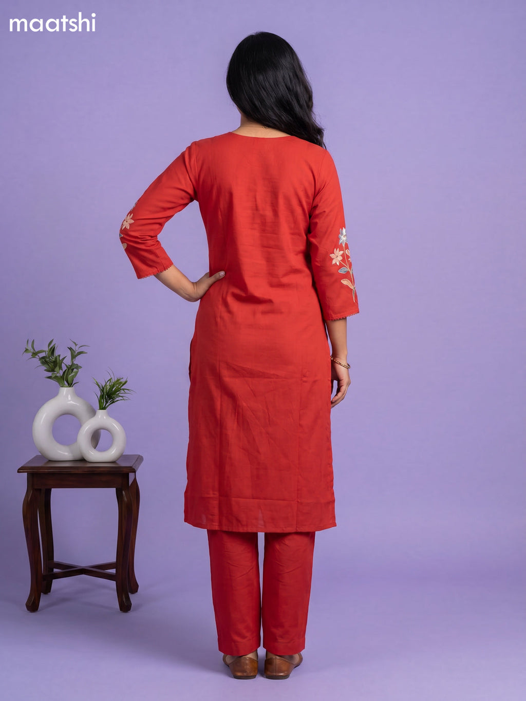 Rust Cotton Simple Embroidery Work Straight Suit