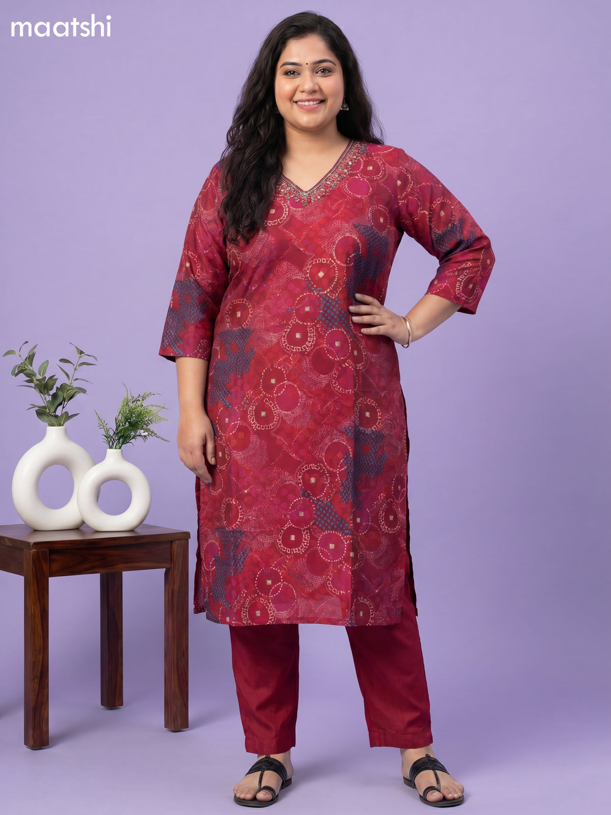 Magenta Pink Modal Printed & Simple Embroidery Work Straight Suit