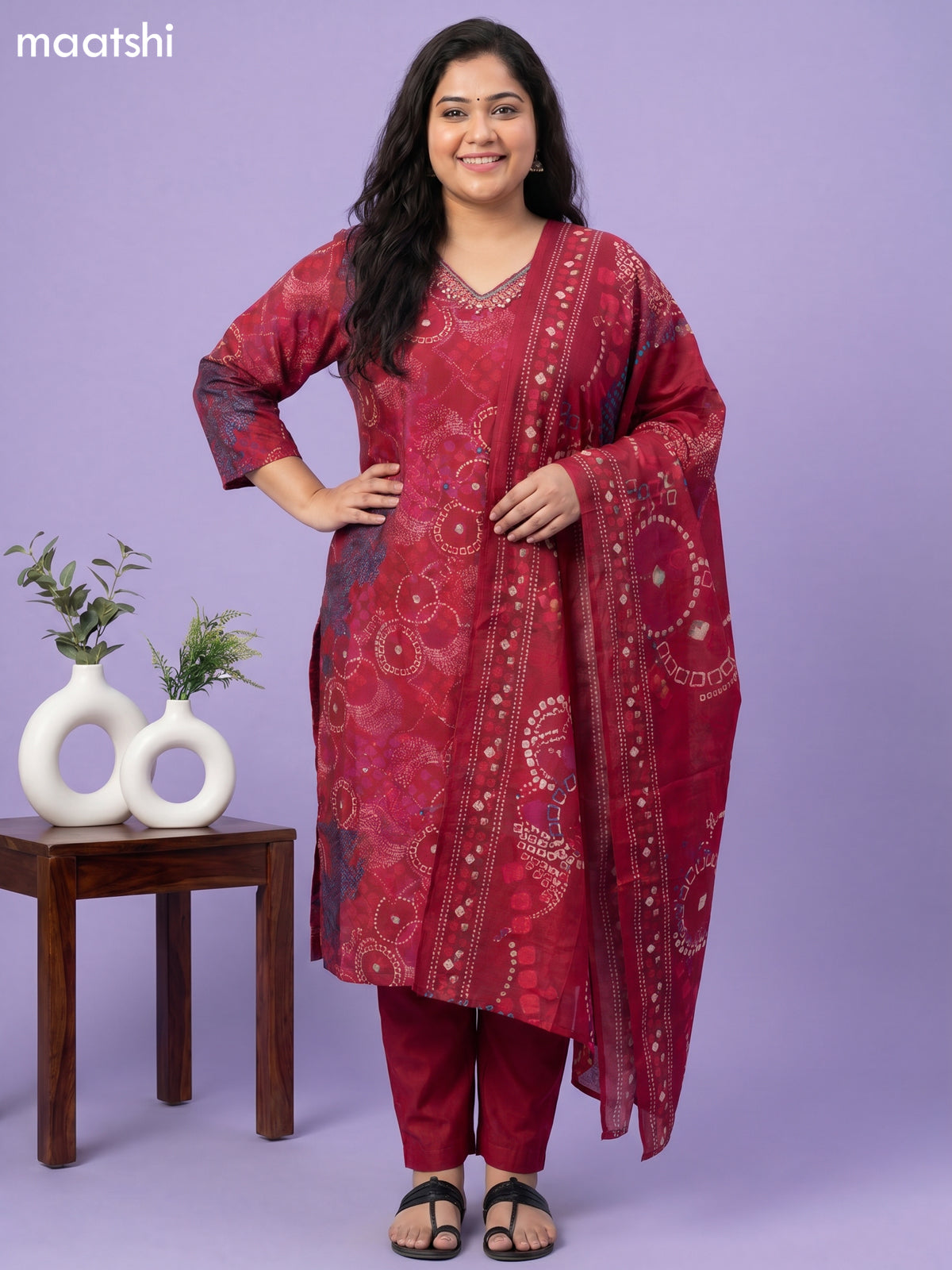 Magenta Pink Modal Printed & Simple Embroidery Work Straight Suit