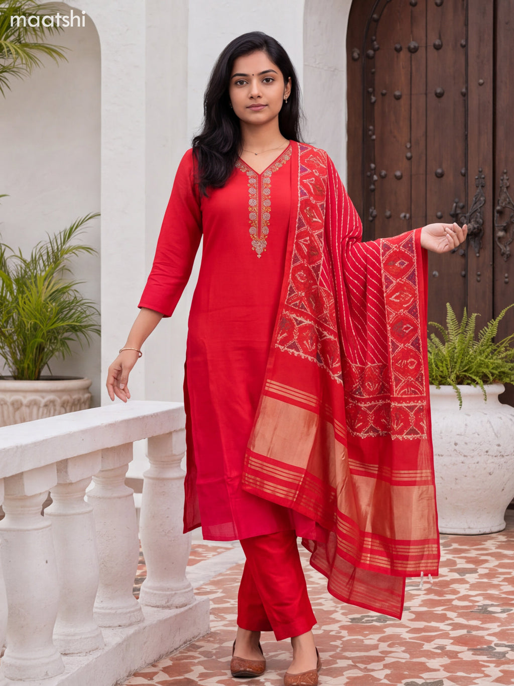 Red Art Silk Embroidery Work Straight Suit
