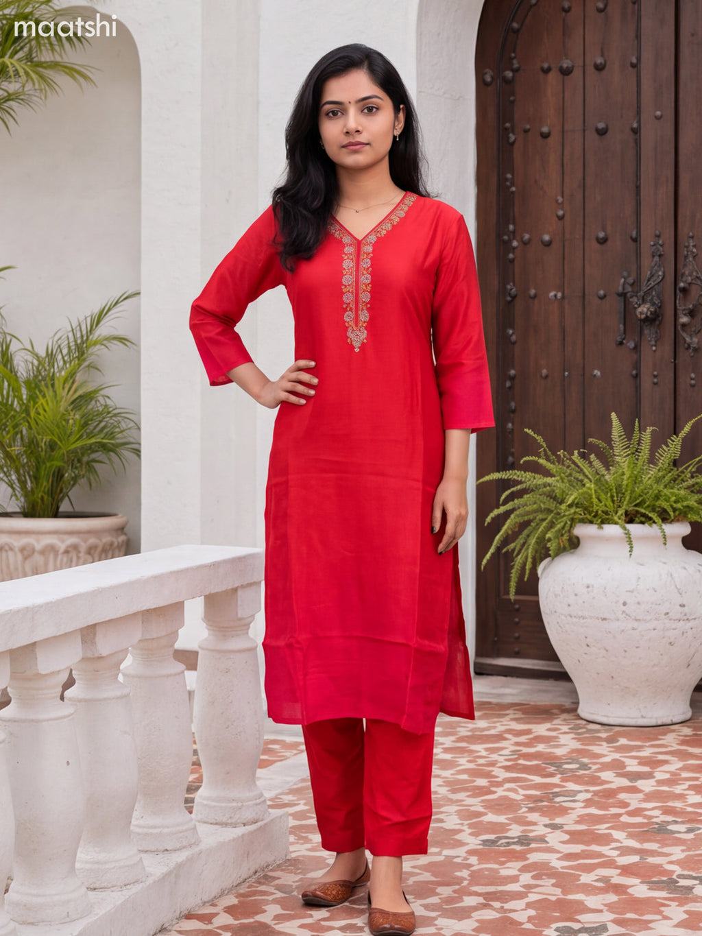 Red Art Silk Embroidery Work Straight Suit