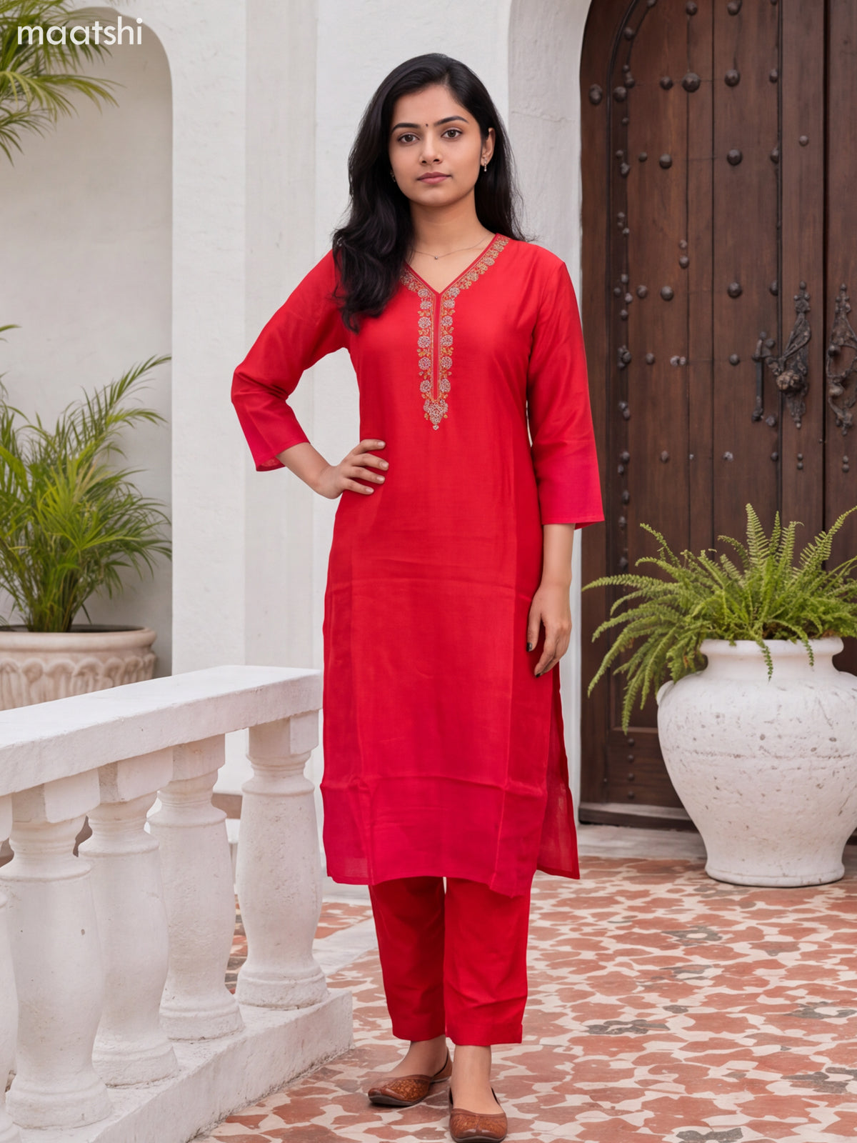 Red Art Silk Embroidery Work Straight Suit