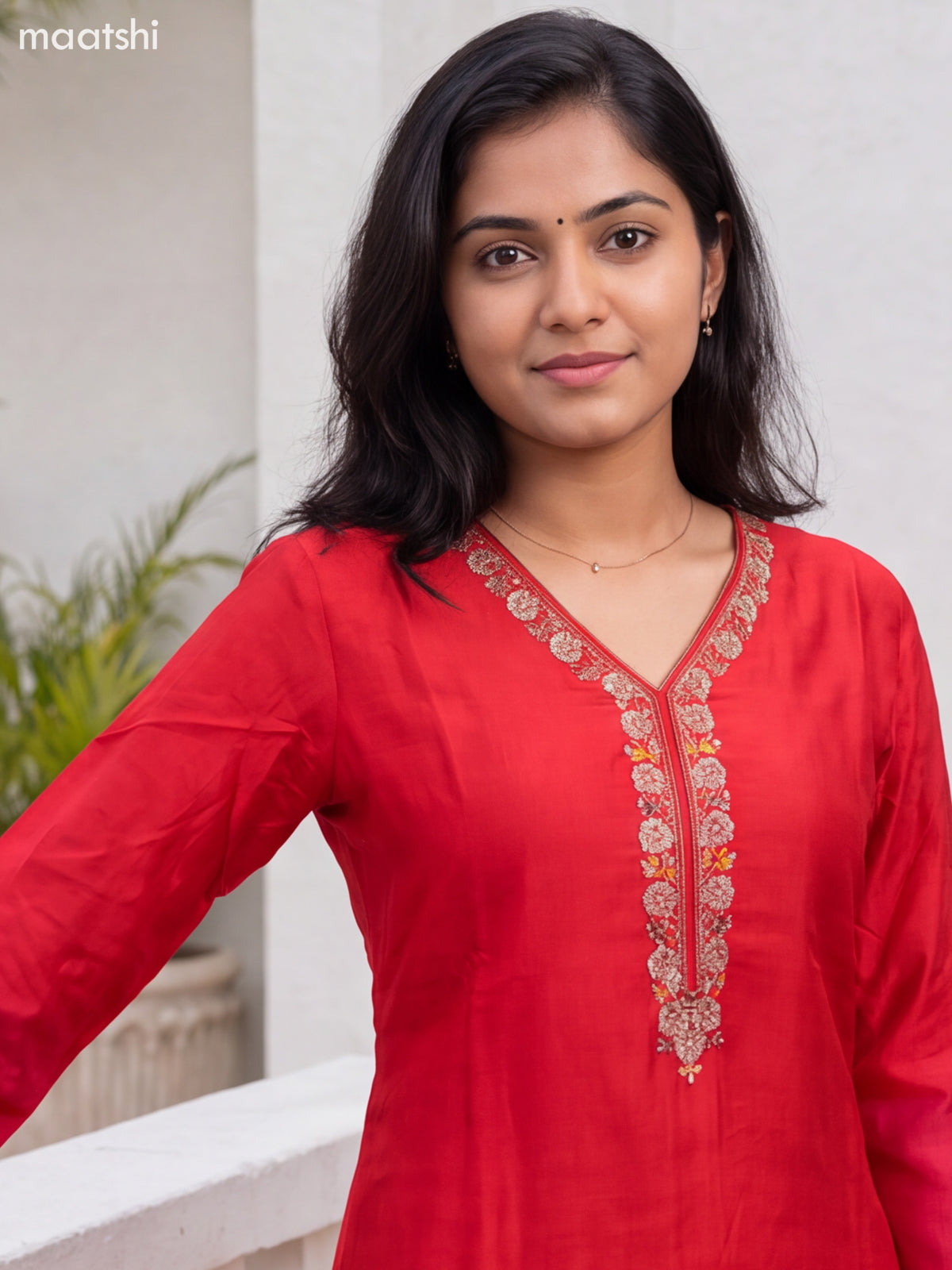 Red Art Silk Embroidery Work Straight Suit