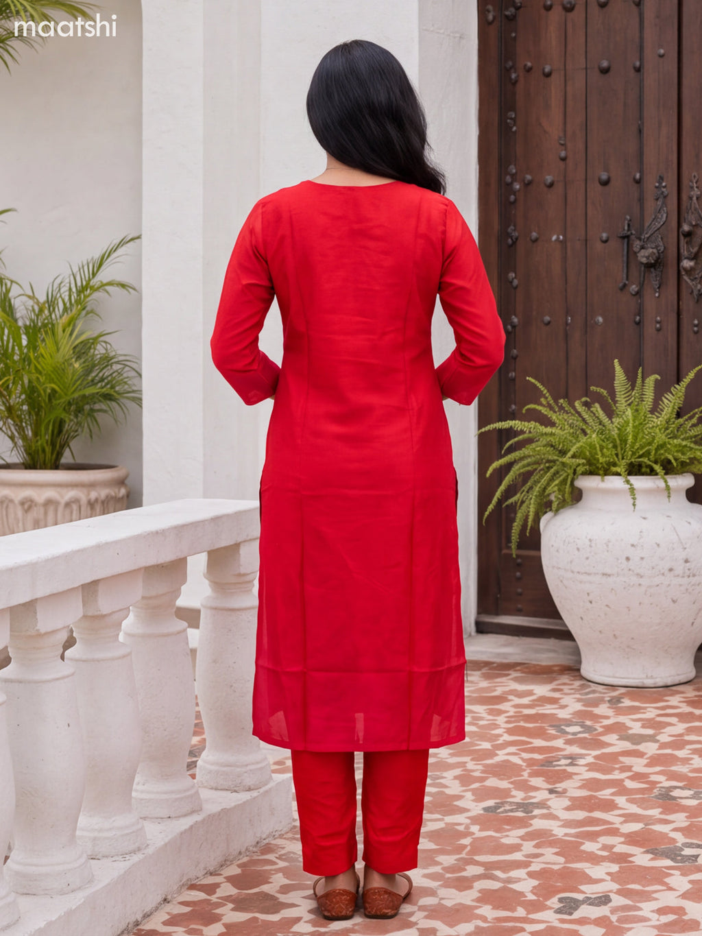 Red Art Silk Embroidery Work Straight Suit