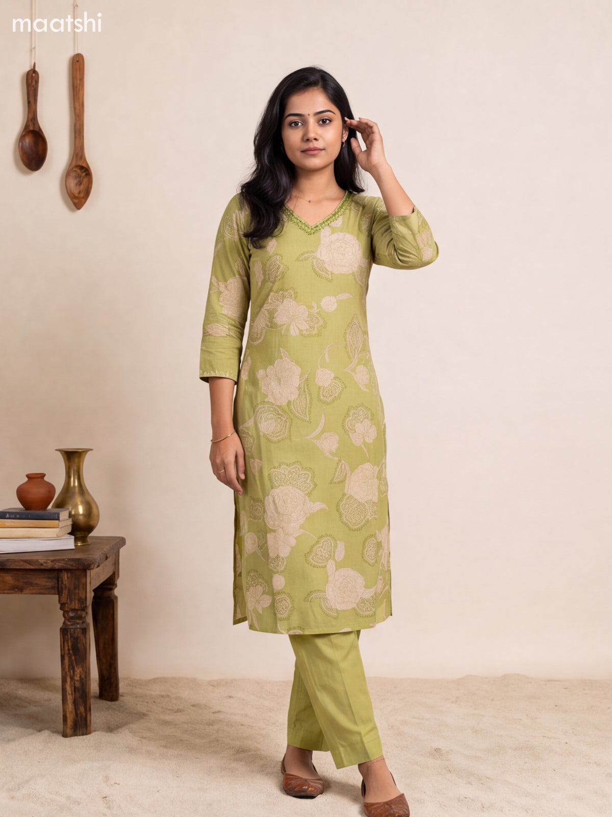 Pista Green Modal Floral Printed & Embroidery Work Straight Suit