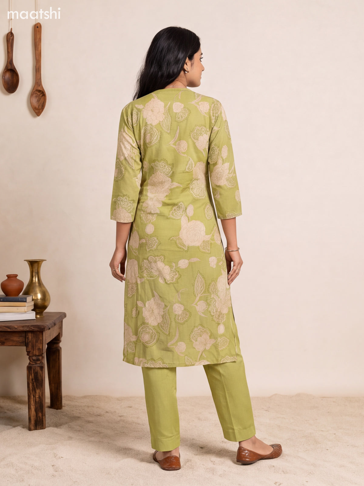 Pista Green Modal Floral Printed & Embroidery Work Straight Suit