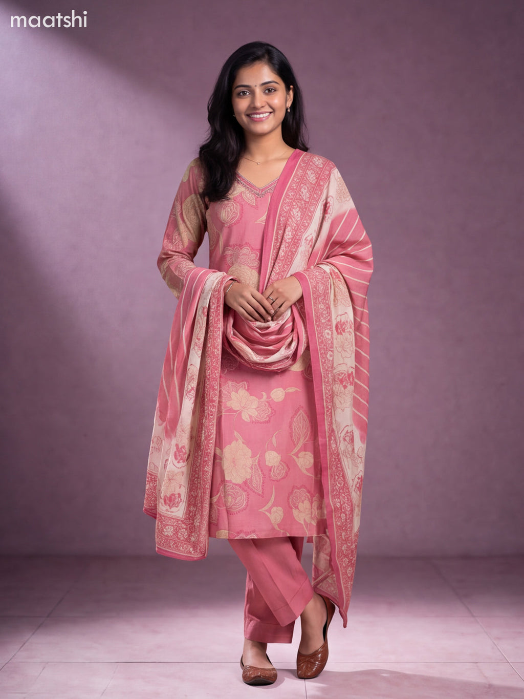 Pastel Pink Modal Floral Printed & Embroidery Work Straight Suit