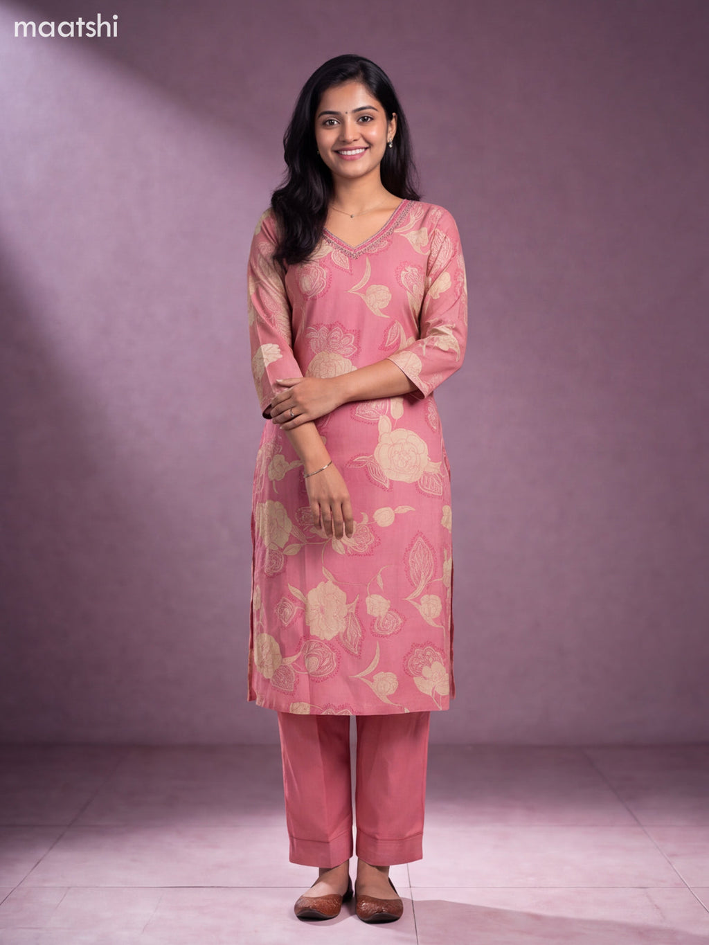 Pastel Pink Modal Floral Printed & Embroidery Work Straight Suit