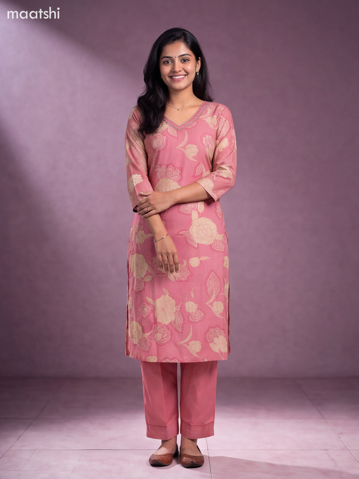 Pastel Pink Modal Floral Printed & Embroidery Work Straight Suit
