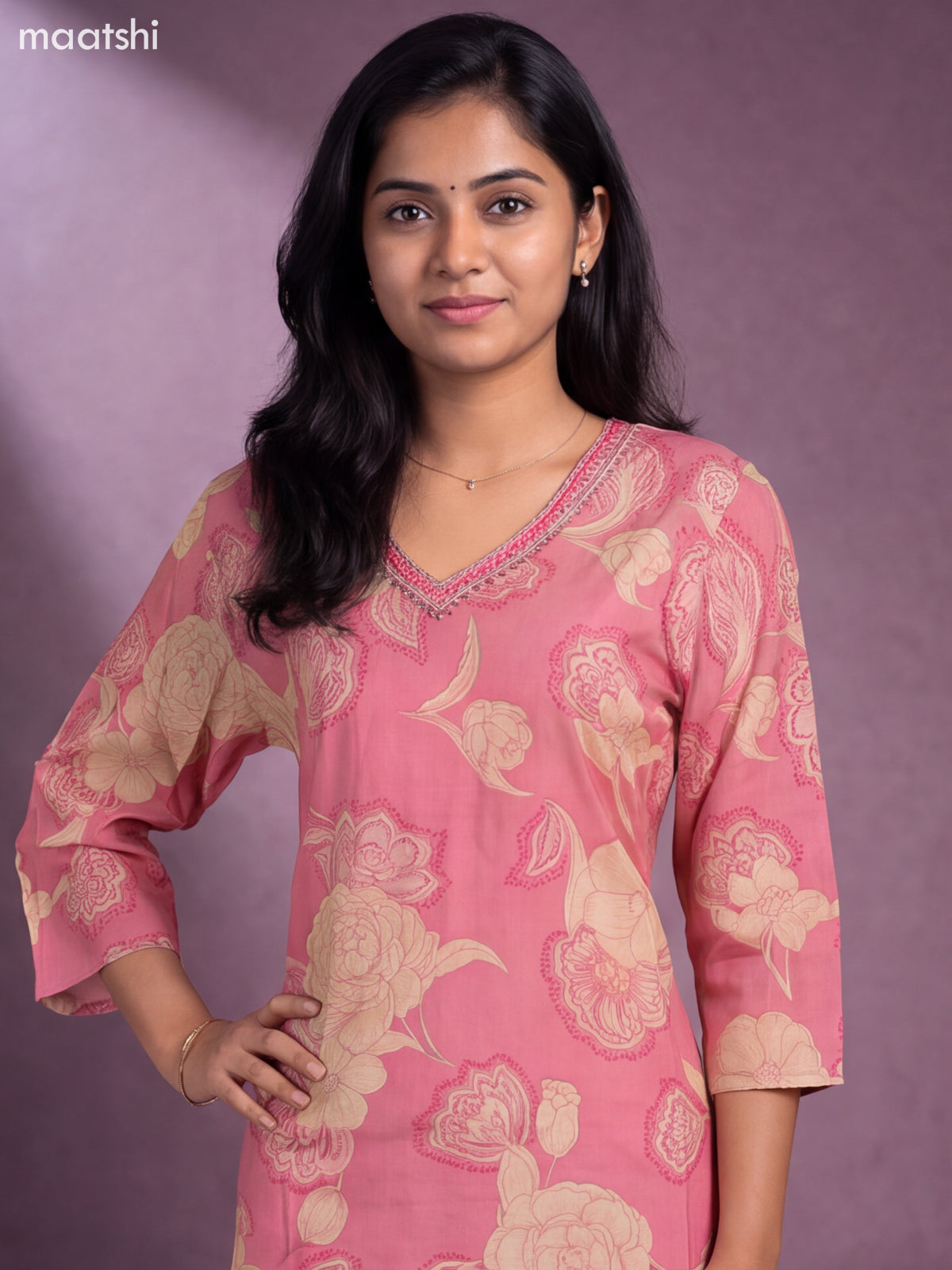 Pastel Pink Modal Floral Printed & Embroidery Work Straight Suit