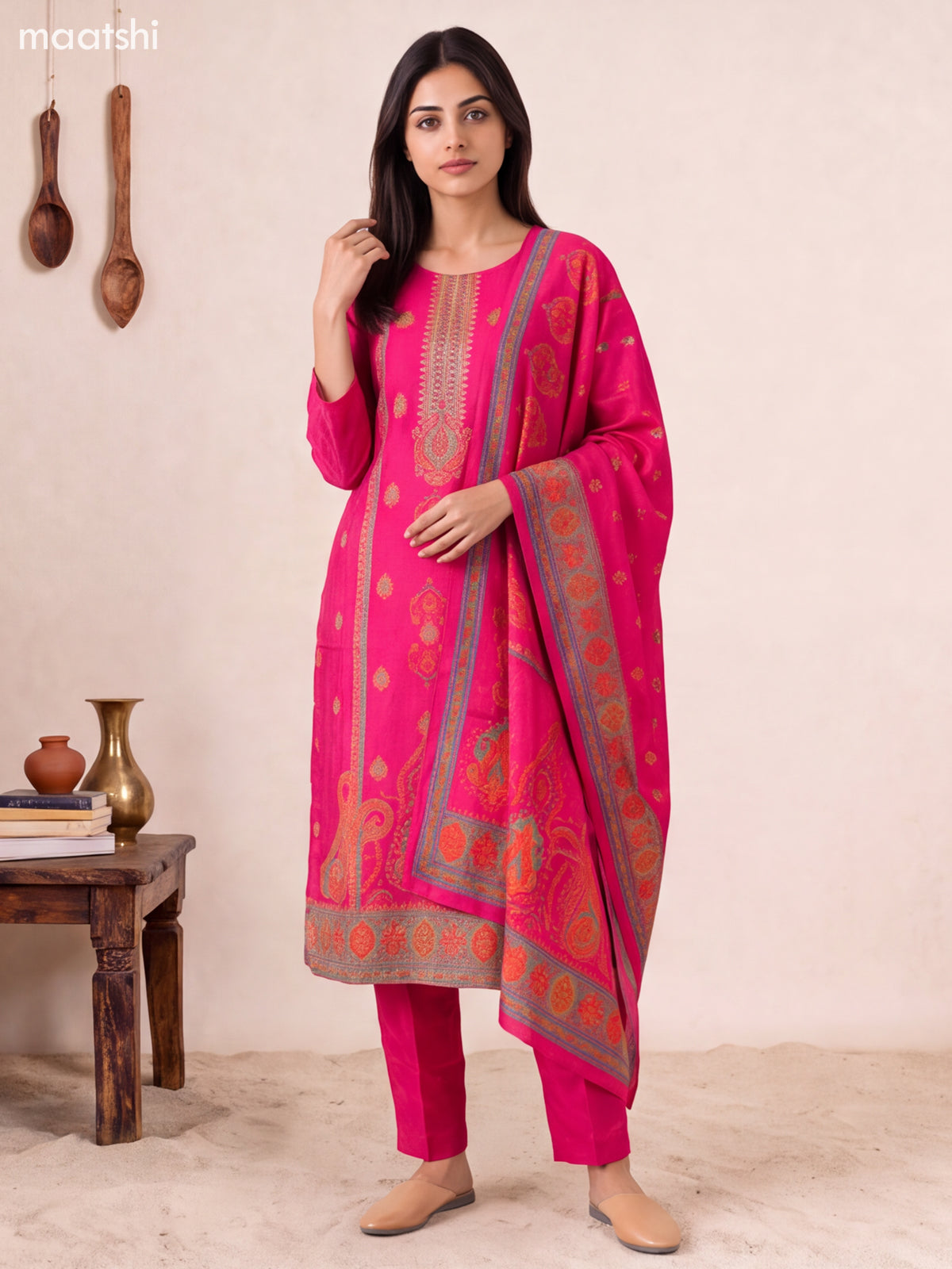 Rani Pink Art Tussar Position Prints & Embroidery Straight Suit