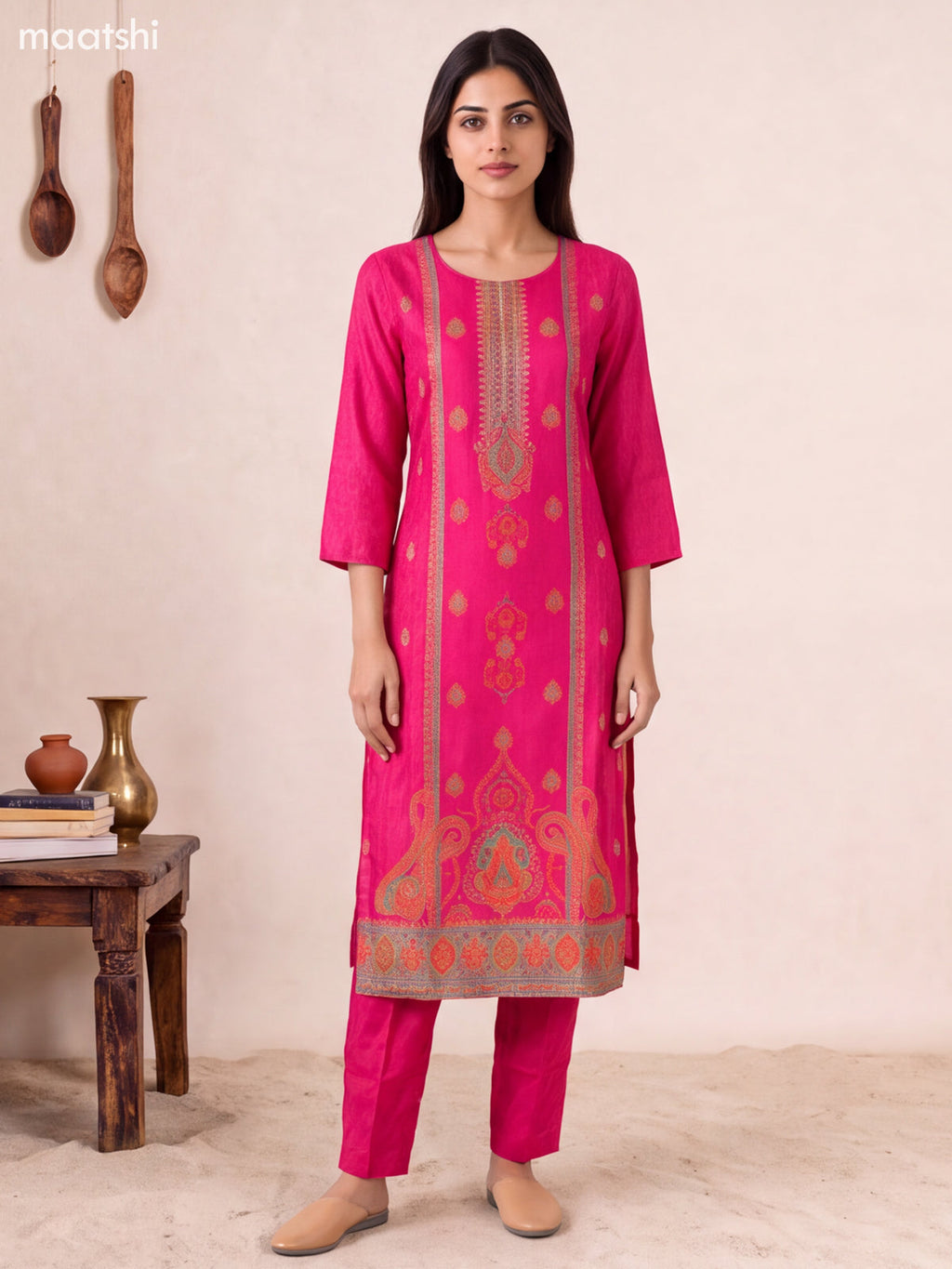 Rani Pink Art Tussar Position Prints & Embroidery Straight Suit