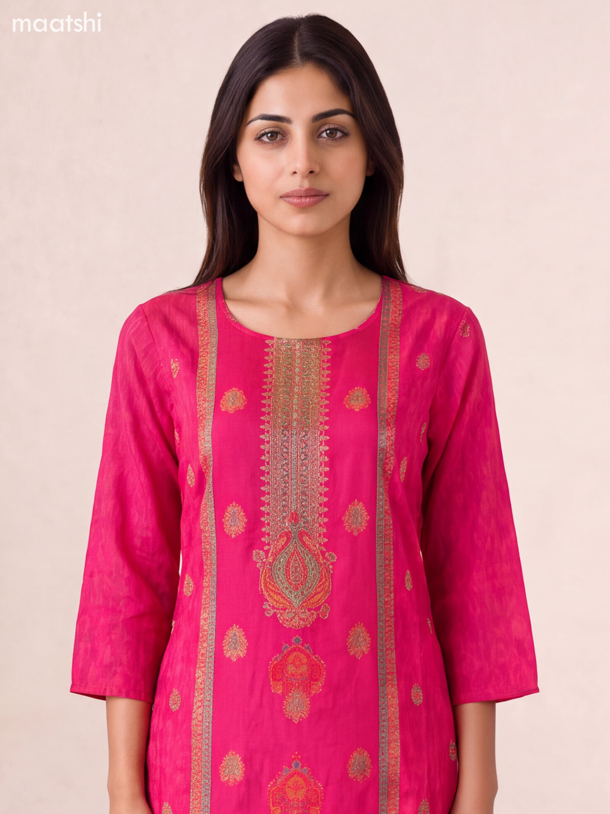Rani Pink Art Tussar Position Prints & Embroidery Straight Suit