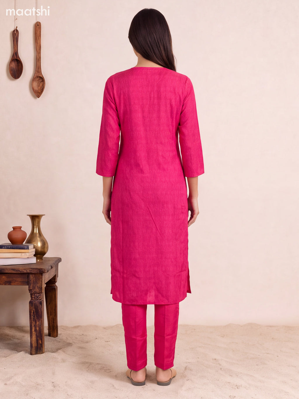 Rani Pink Art Tussar Position Prints & Embroidery Straight Suit