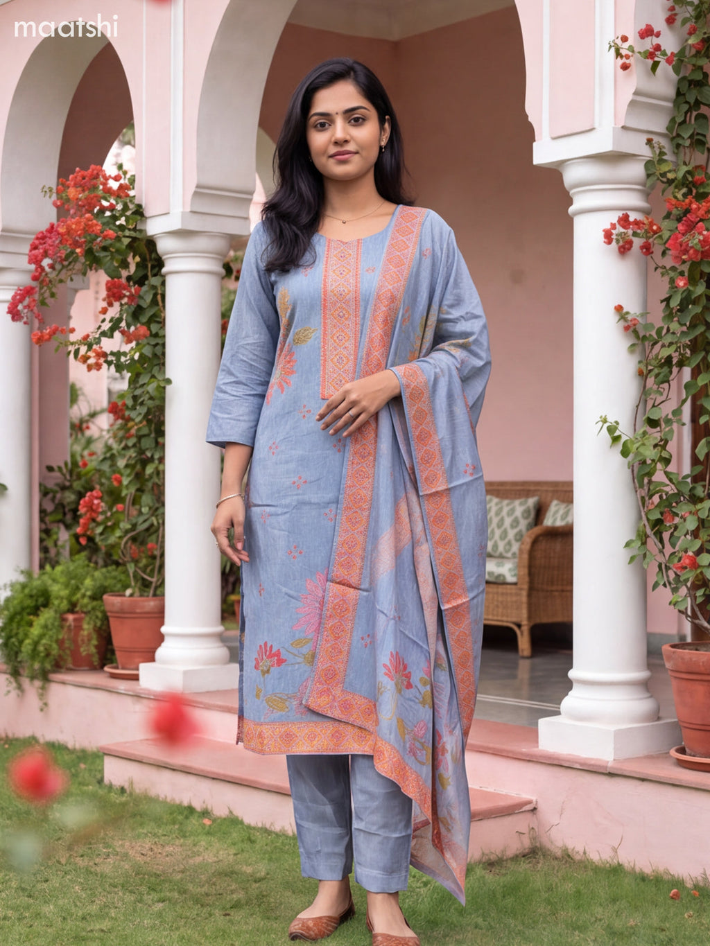 Greyish Blue Art Tussar Printed & Embroidery Straight Suit