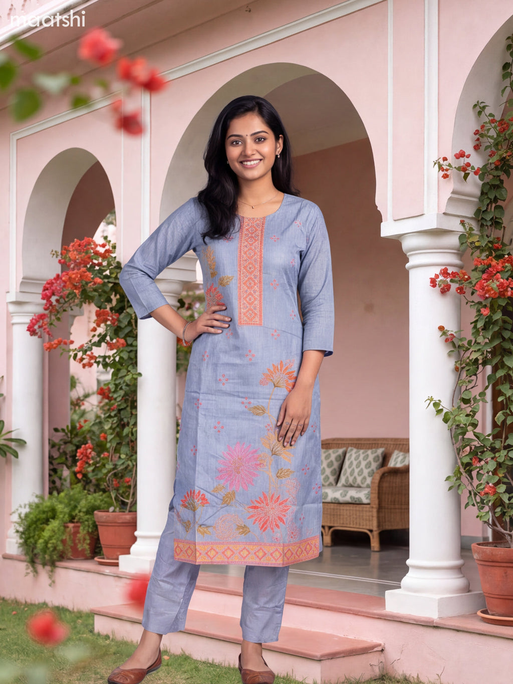 Greyish Blue Art Tussar Printed & Embroidery Straight Suit
