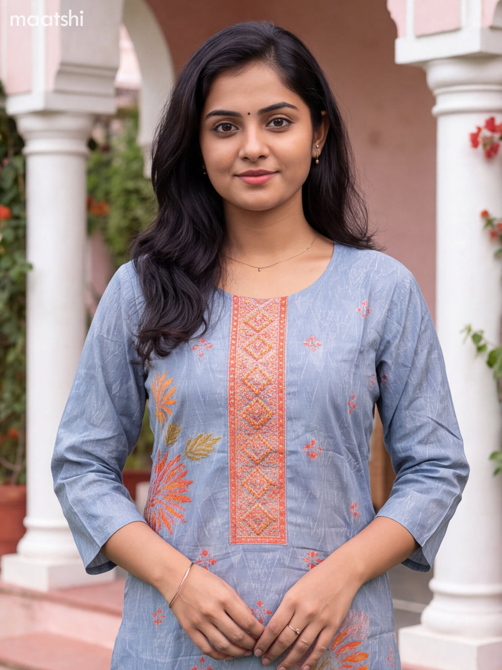 Greyish Blue Art Tussar Printed & Embroidery Straight Suit
