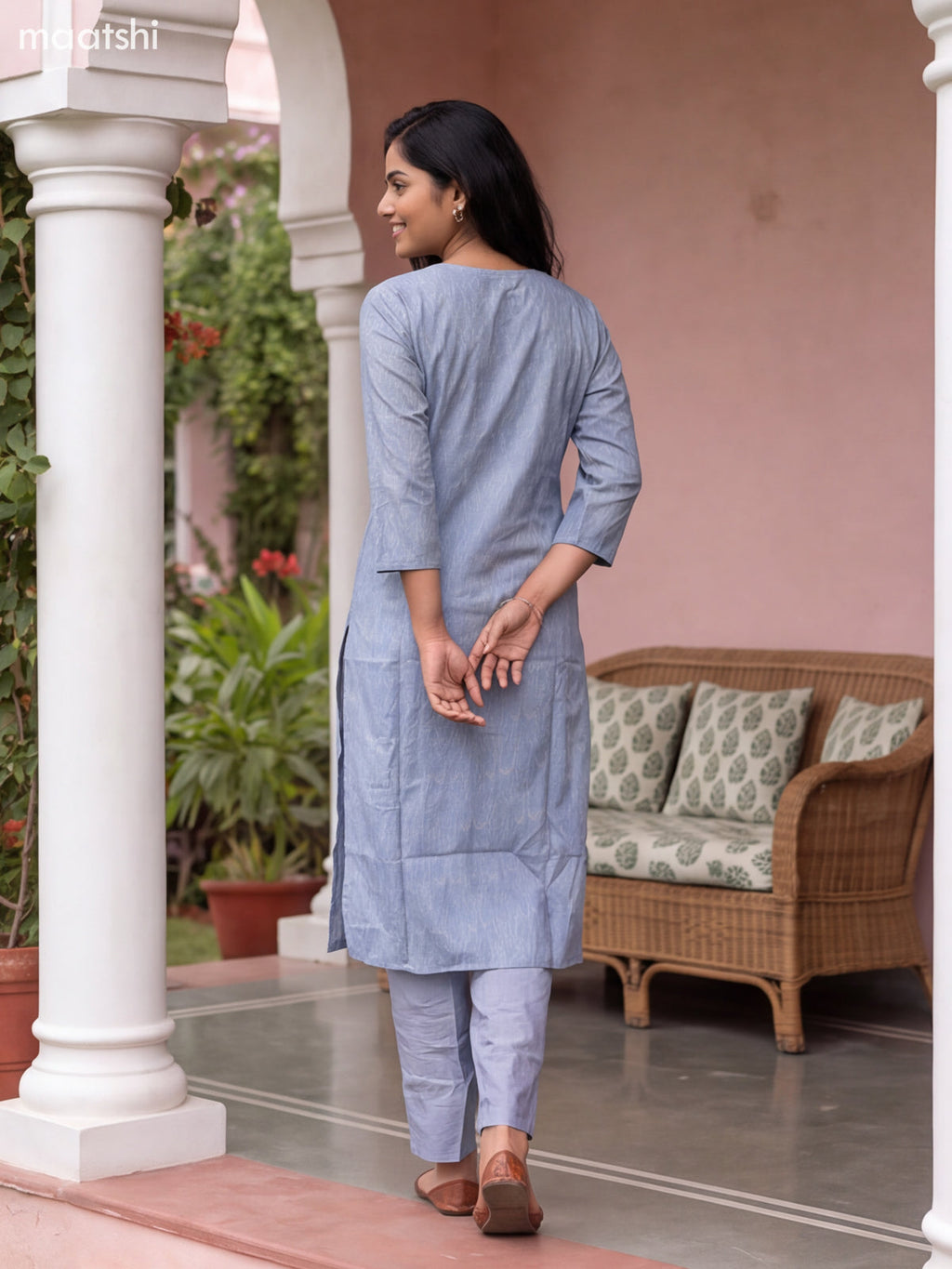 Greyish Blue Art Tussar Printed & Embroidery Straight Suit