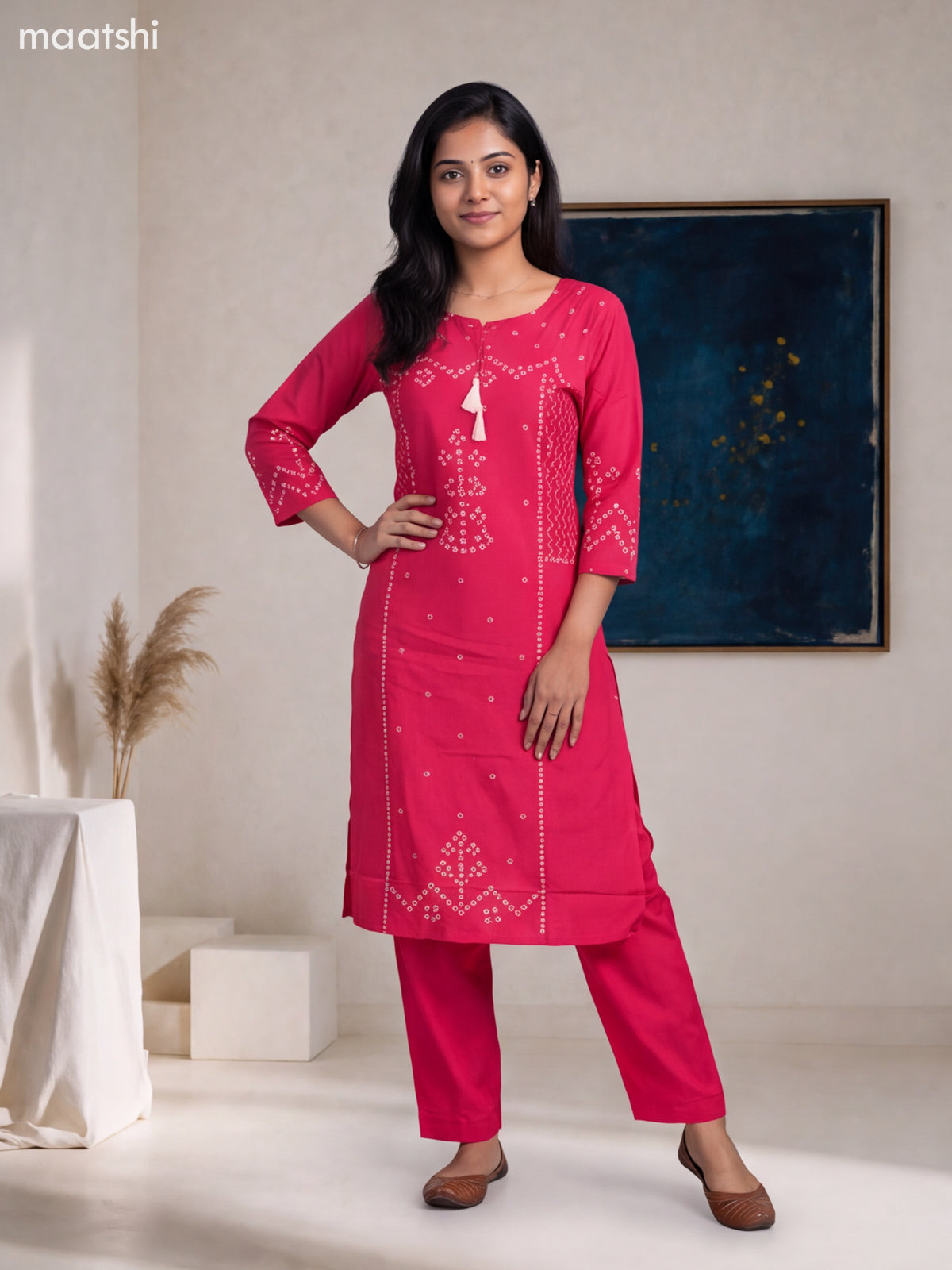 Pink Cotton Bandhini Printed Straight Suit