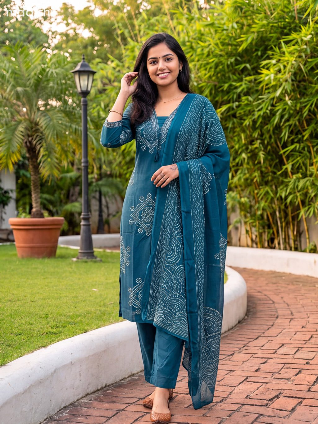 Peacock Green Cotton Bandhini Printed & Simple Embroidery Work Straight Suit