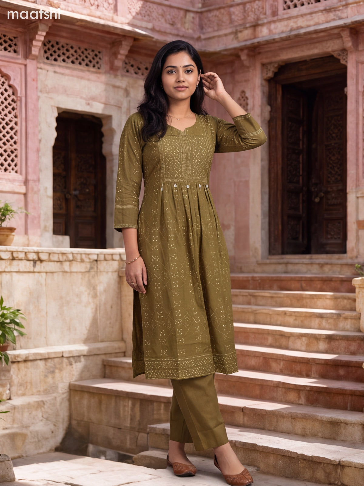 Mehendi Greeen Cotton Printed Straight Suit