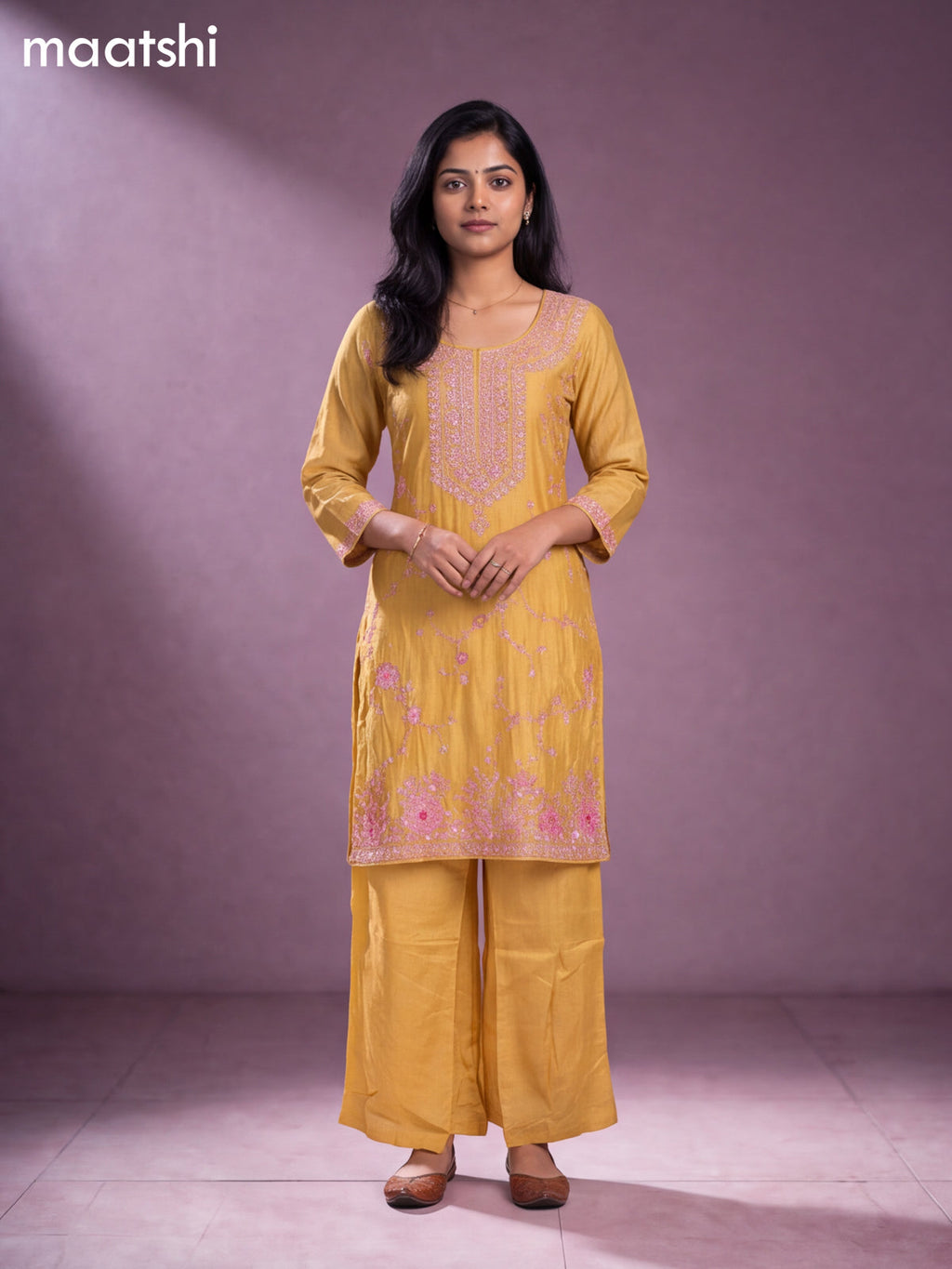Pale Yellow Art Silk Embroidery Work Straight Suit