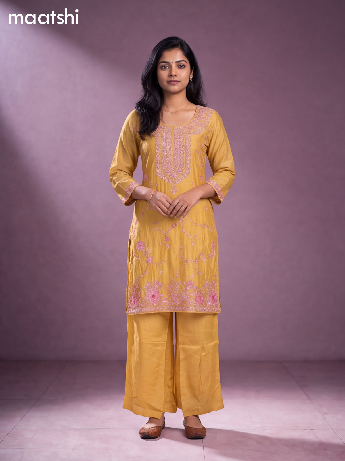 Pale Yellow Art Silk Embroidery Work Straight Suit