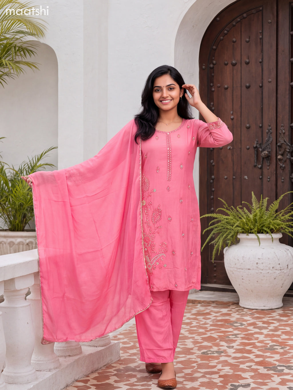 Peach Pink Art Silk Embroidery Work Straight Suit