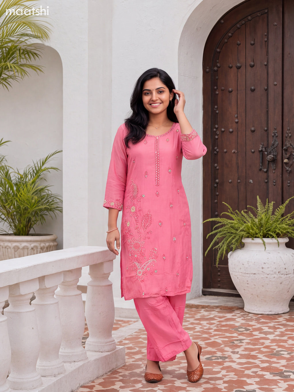 Peach Pink Art Silk Embroidery Work Straight Suit