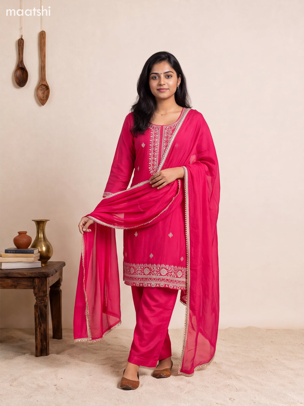 Pink Art Silk Embroidery Work Straight Suit