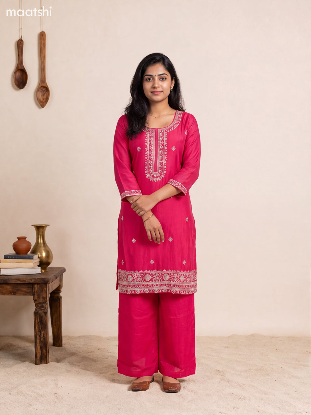 Pink Art Silk Embroidery Work Straight Suit