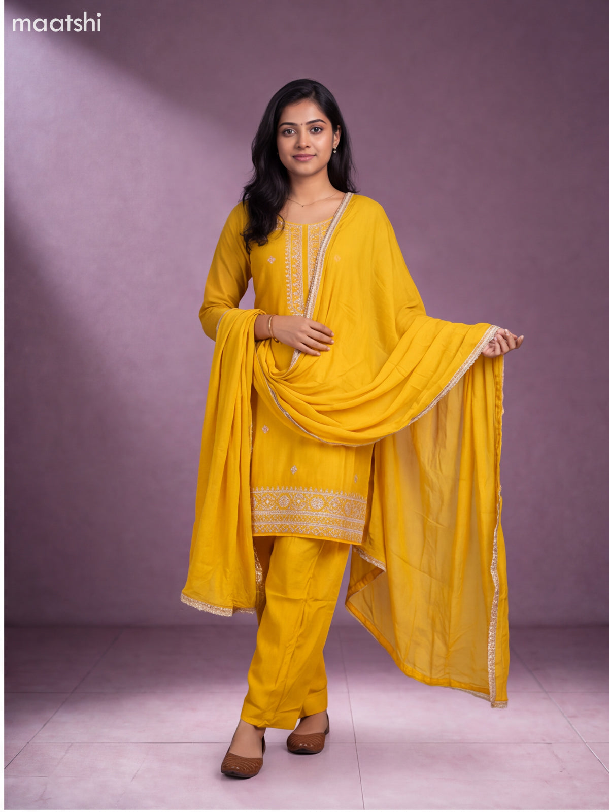 Yellow Art Silk Embroidery Work Straight Suit