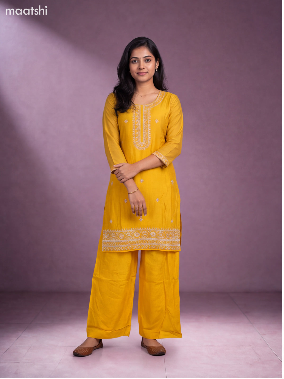 Yellow Art Silk Embroidery Work Straight Suit