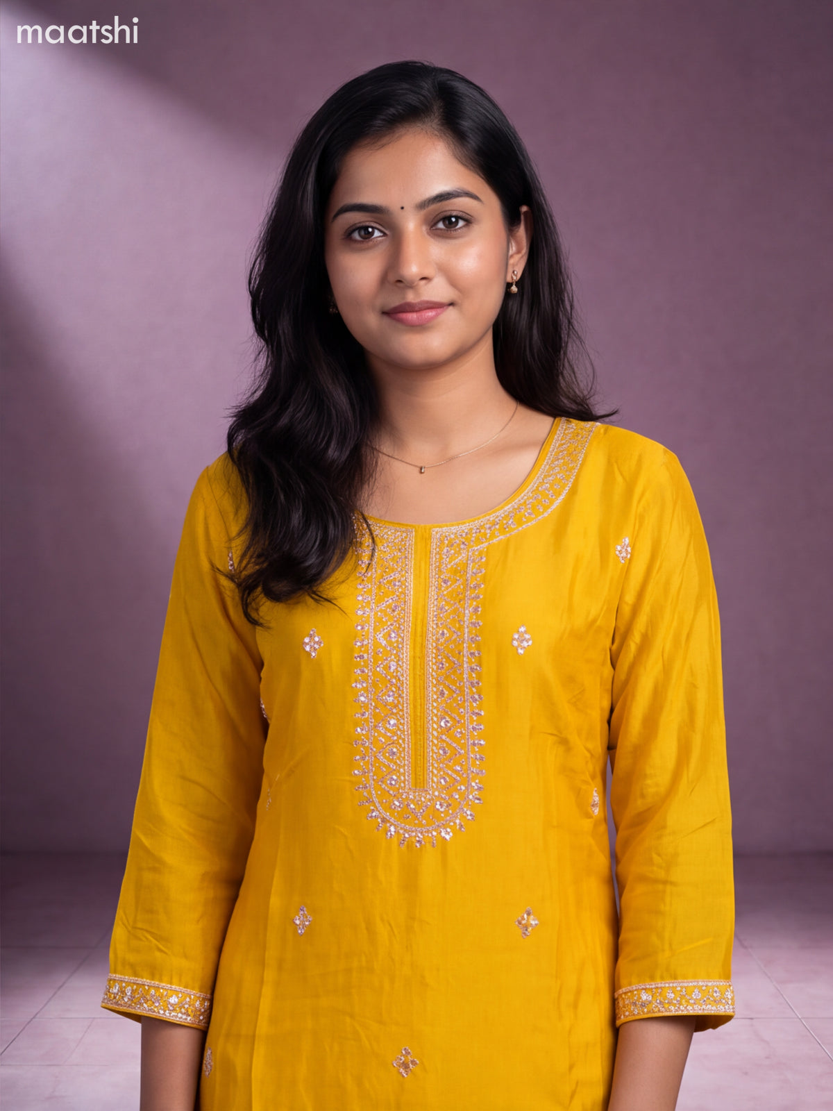 Yellow Art Silk Embroidery Work Straight Suit