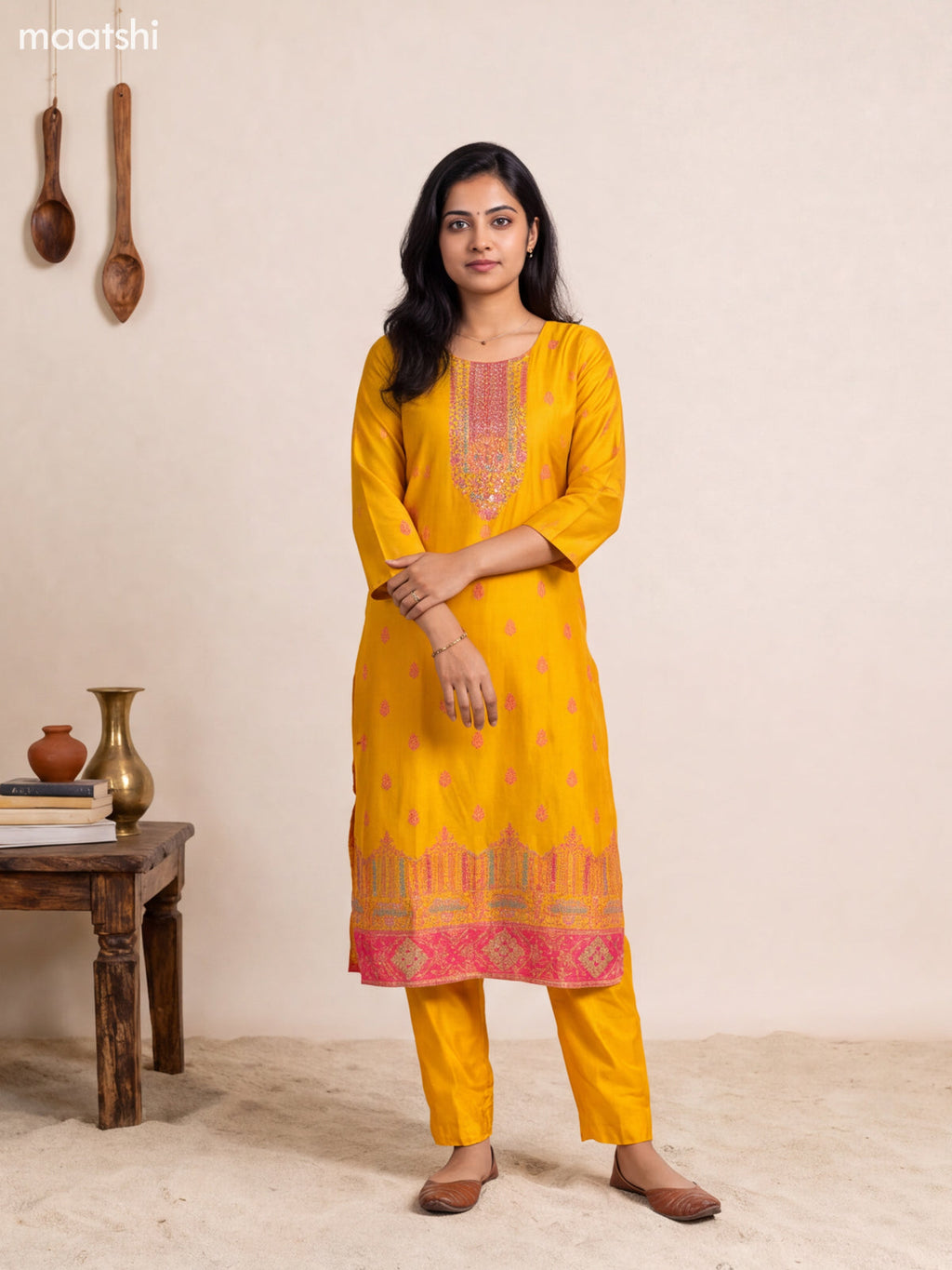 Mango Yellow Art Tussar Embroidery Work Straight Suit