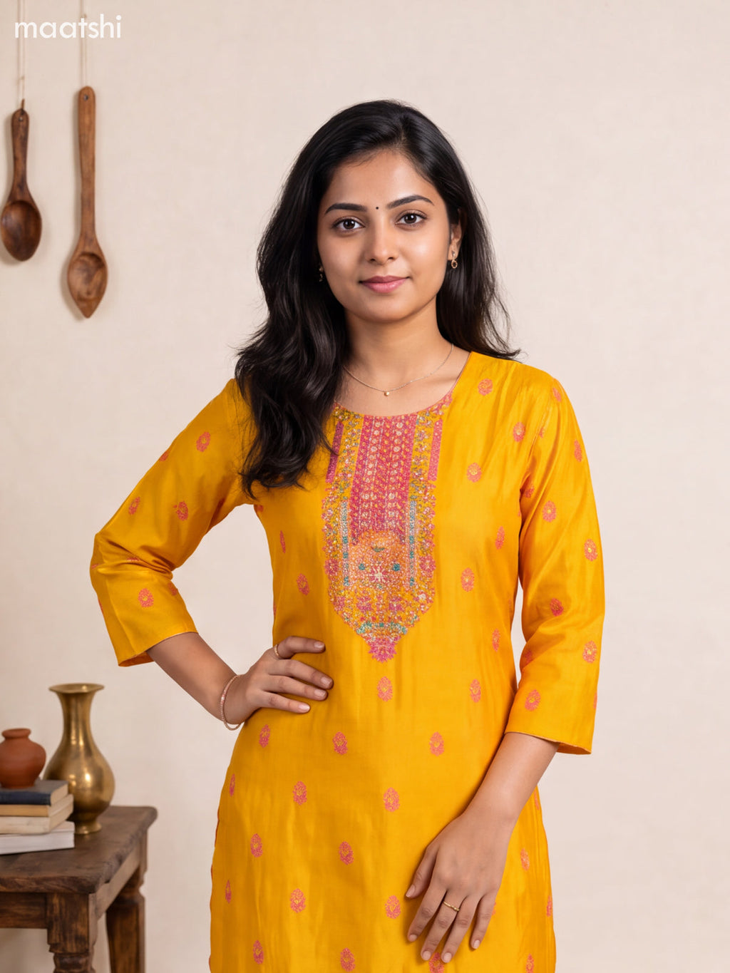 Mango Yellow Art Tussar Embroidery Work Straight Suit