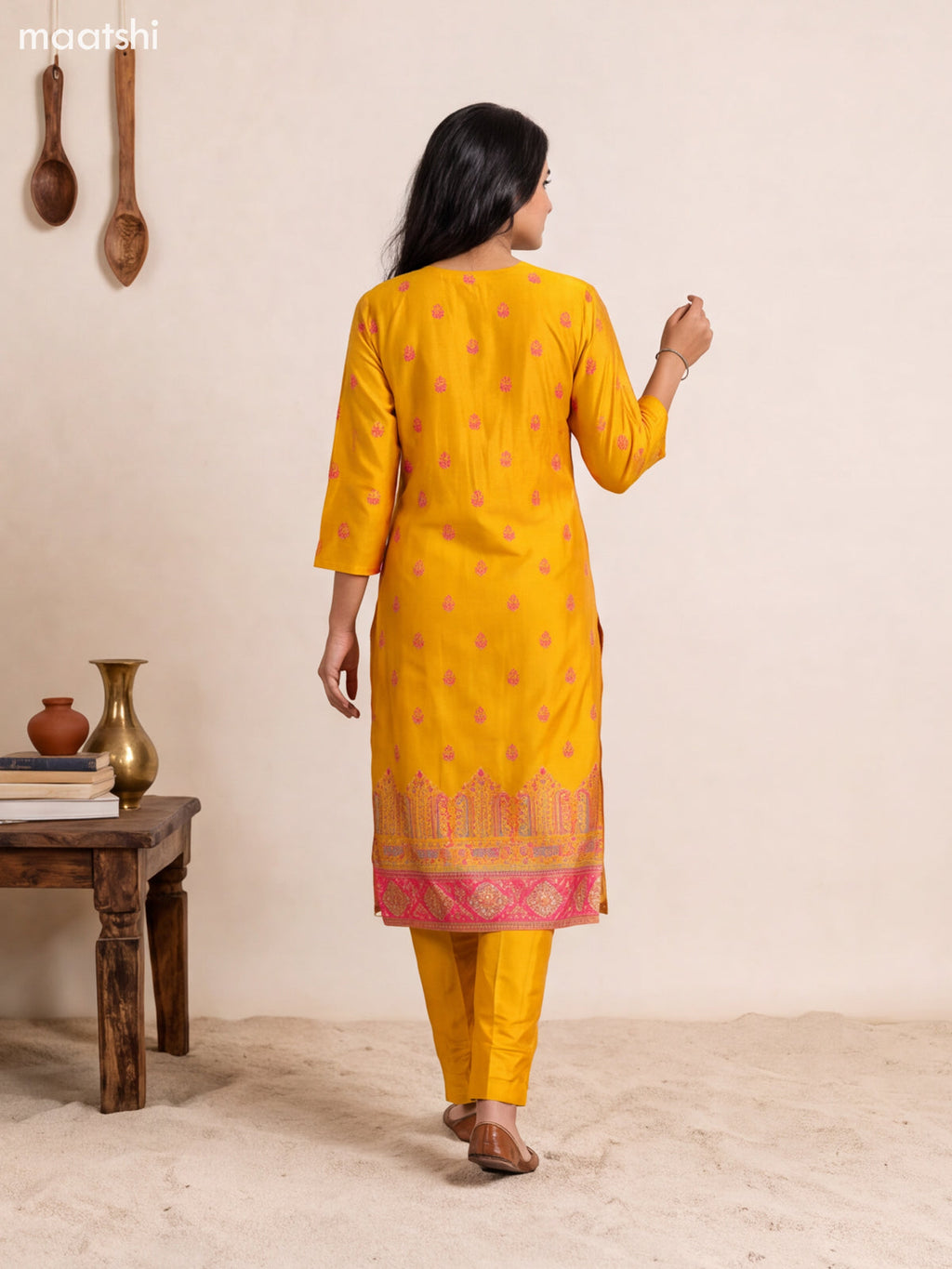 Mango Yellow Art Tussar Embroidery Work Straight Suit
