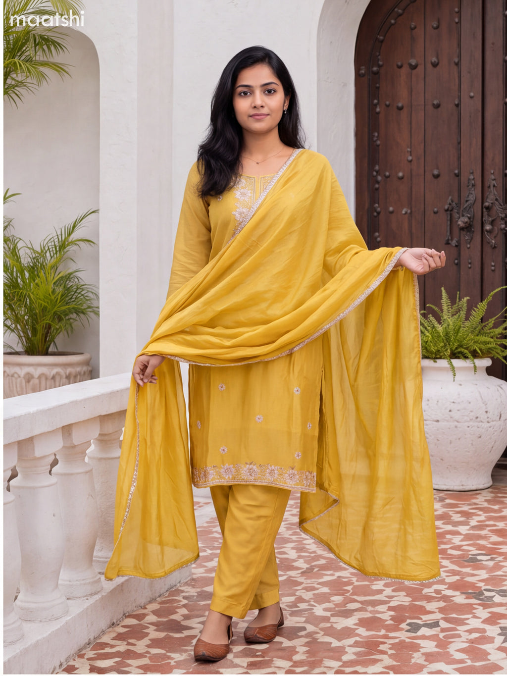 Pale Yellow Art Silk Embroidery Work Straight Suit