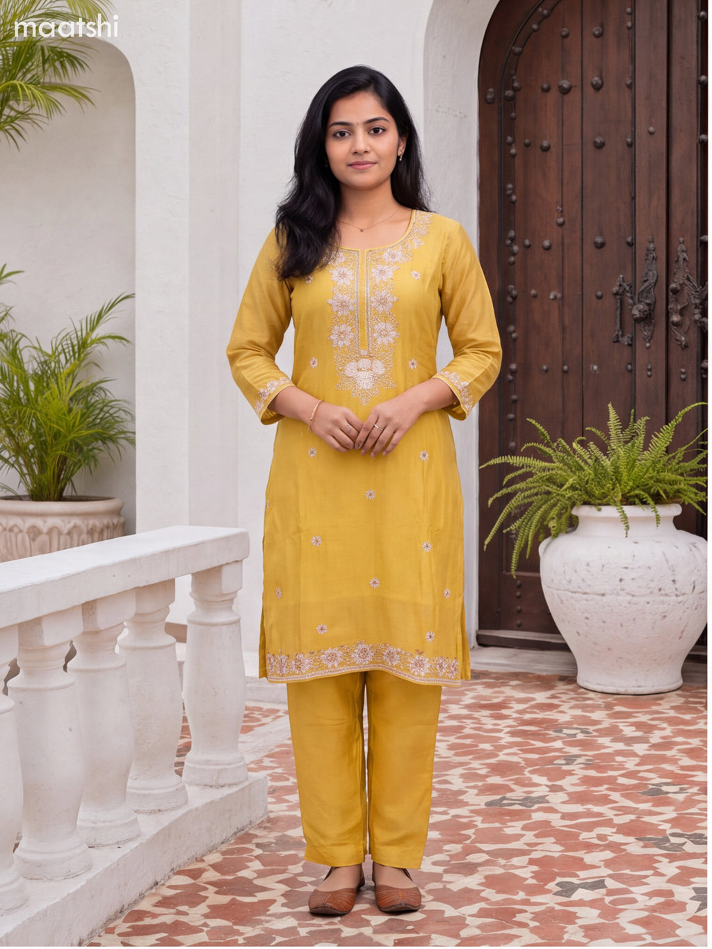Pale Yellow Art Silk Embroidery Work Straight Suit