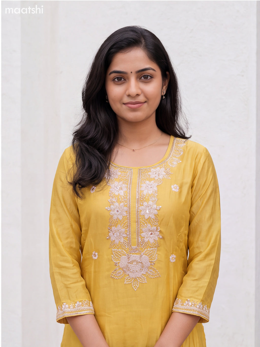 Pale Yellow Art Silk Embroidery Work Straight Suit